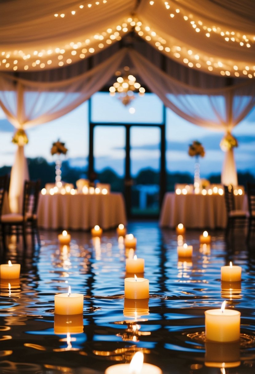 The venue is draped with floating candles in water, creating a romantic and enchanting ambiance for a wedding