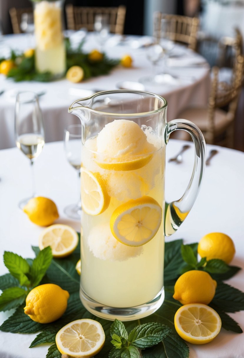 A glass pitcher filled with lemon sorbet spritzer surrounded by fresh lemon slices and mint leaves on a decorated wedding reception table