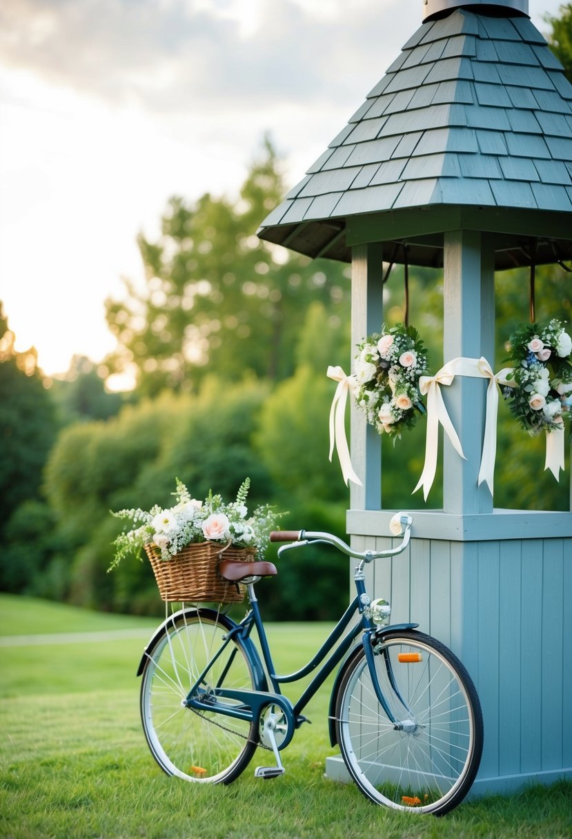 A bicycle basket filled with flowers and ribbons is attached to a wishing well, creating a whimsical wedding decoration