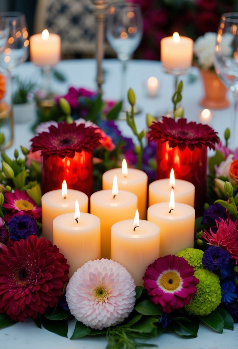 A cluster of candles surrounded by vibrant floral arrangements