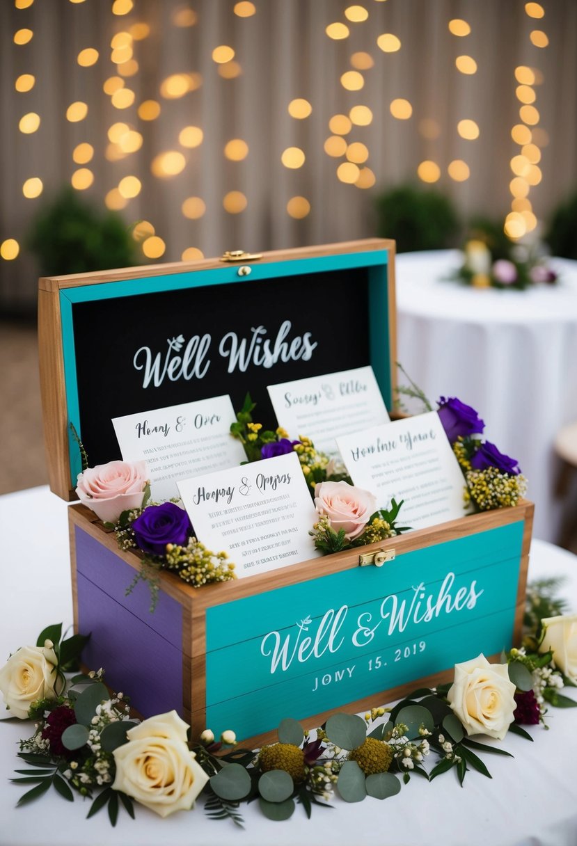 A wooden box adorned with the couple's wedding colors, filled with well wishes and surrounded by floral decorations