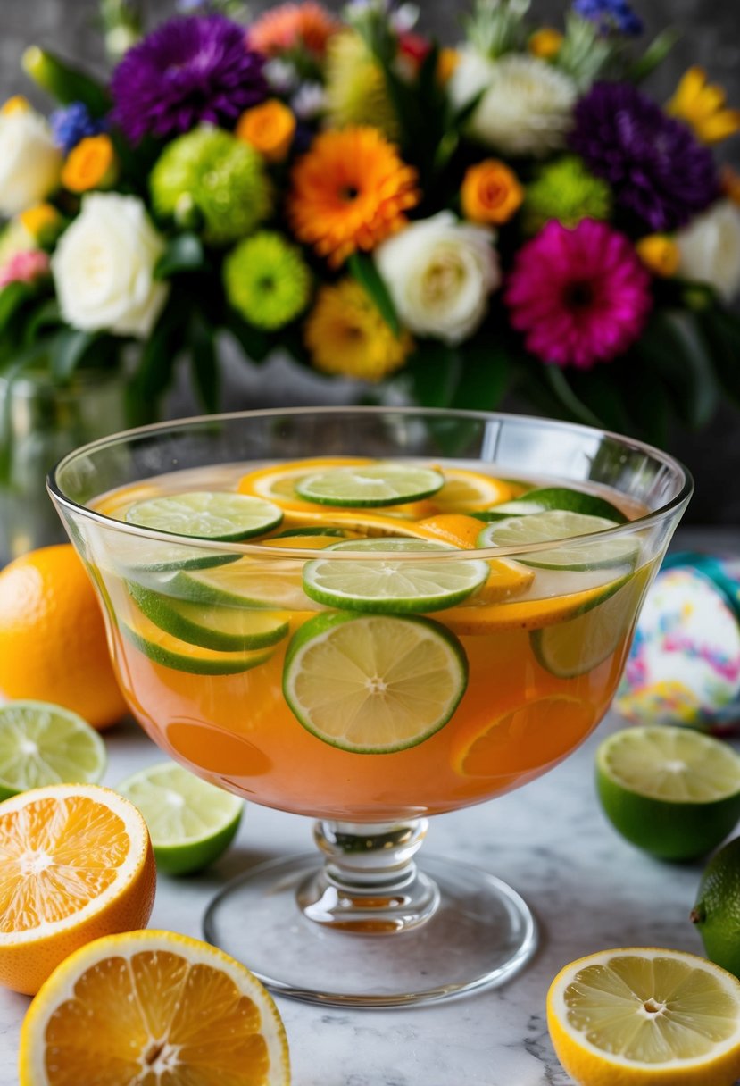 A glass punch bowl filled with citrus summer punch, surrounded by sliced lemons, limes, and oranges, with a backdrop of colorful floral arrangements