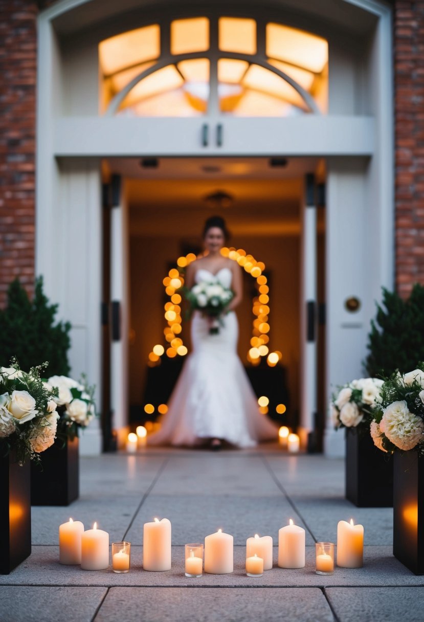 Candles line the entrance, casting a warm glow for a wedding welcome