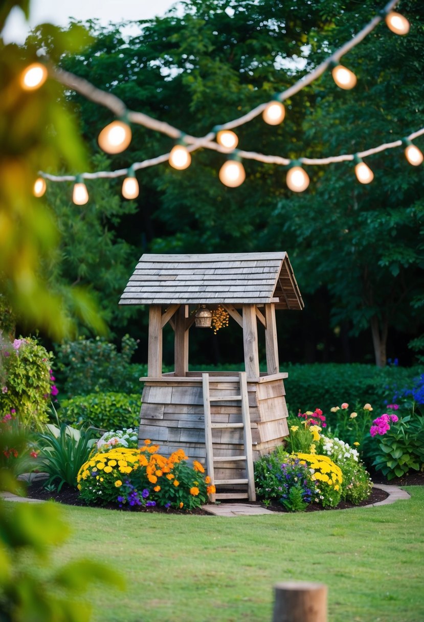 A rustic wishing well nestled in a lush garden, adorned with colorful flowers and surrounded by twinkling fairy lights