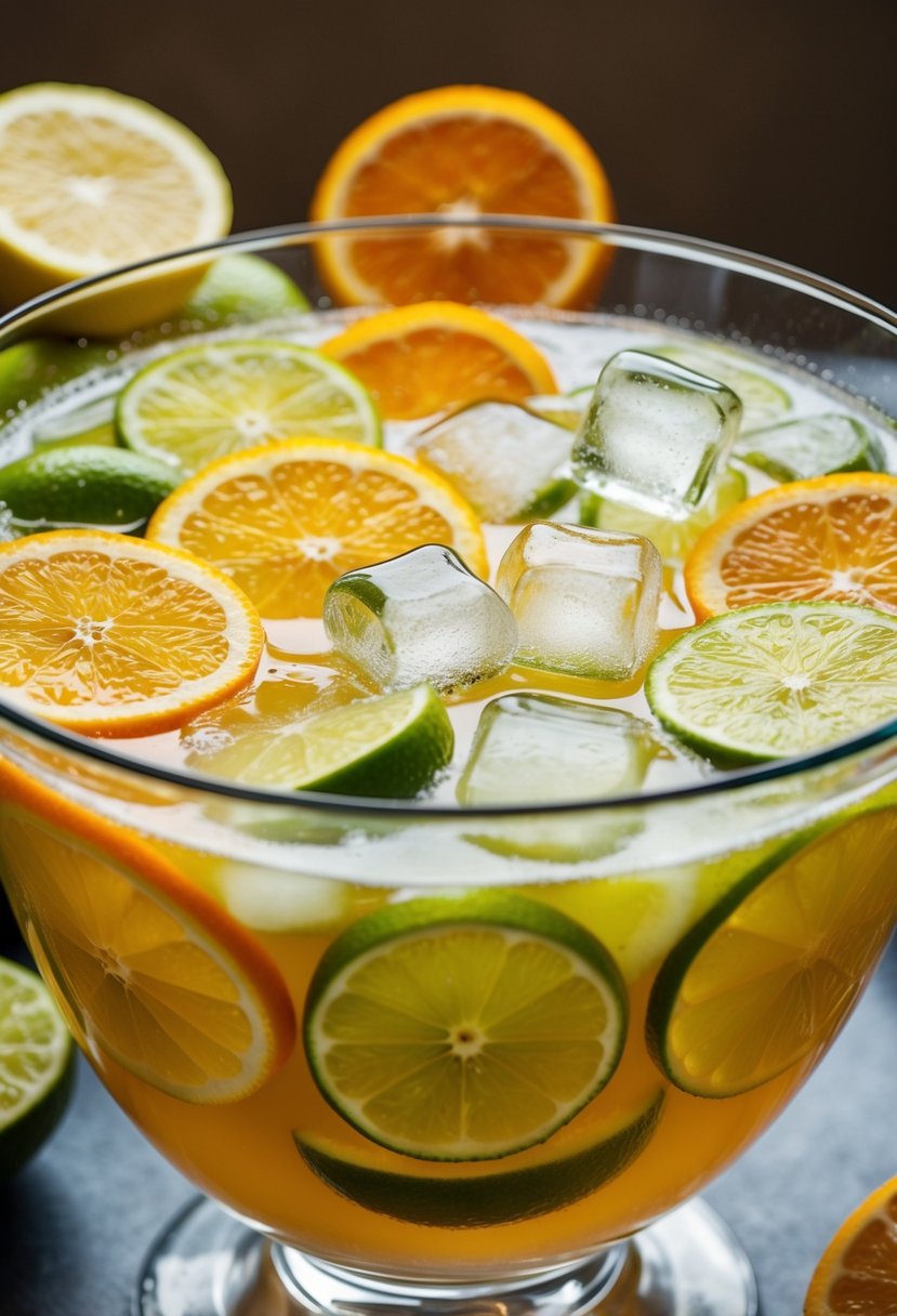 A glass punch bowl filled with sparkling citrus punch, surrounded by slices of lemons, limes, and oranges, with ice cubes floating on top