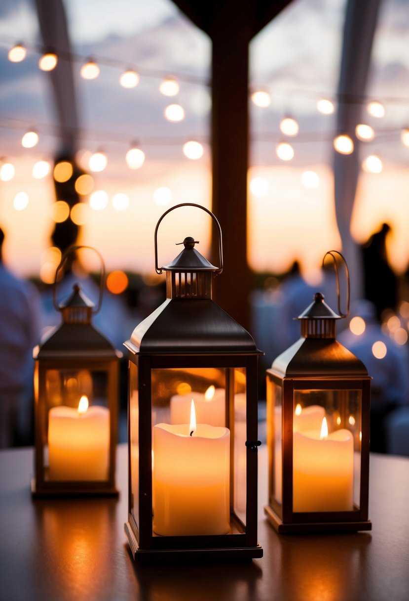 Candles are hung inside lanterns, casting a warm glow in an intimate wedding setting