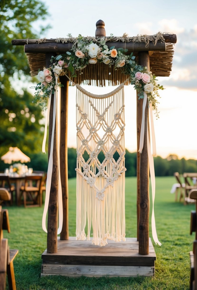 A bohemian macramé wishing well adorned with flowers and ribbons, set in a rustic outdoor wedding venue