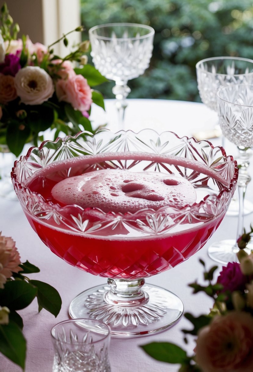 A table adorned with a crystal punch bowl filled with a pink, frothy liquid. Surrounding the bowl are fresh flowers and delicate glassware