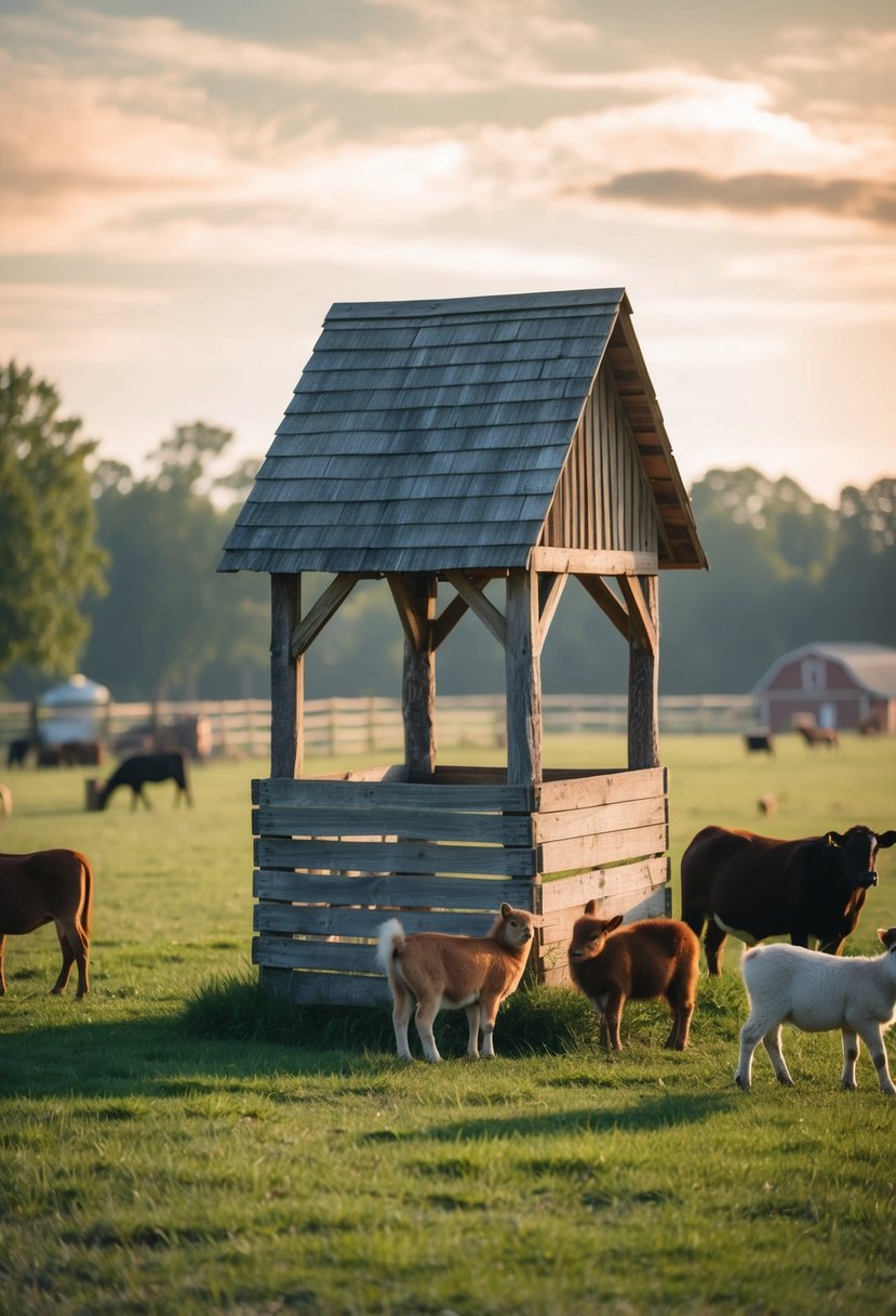 A rustic barnyard wishing well surrounded by farm animals