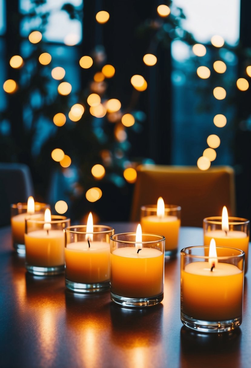 A table adorned with scented candles in glass holders, casting a warm, aromatic glow in a dimly lit room