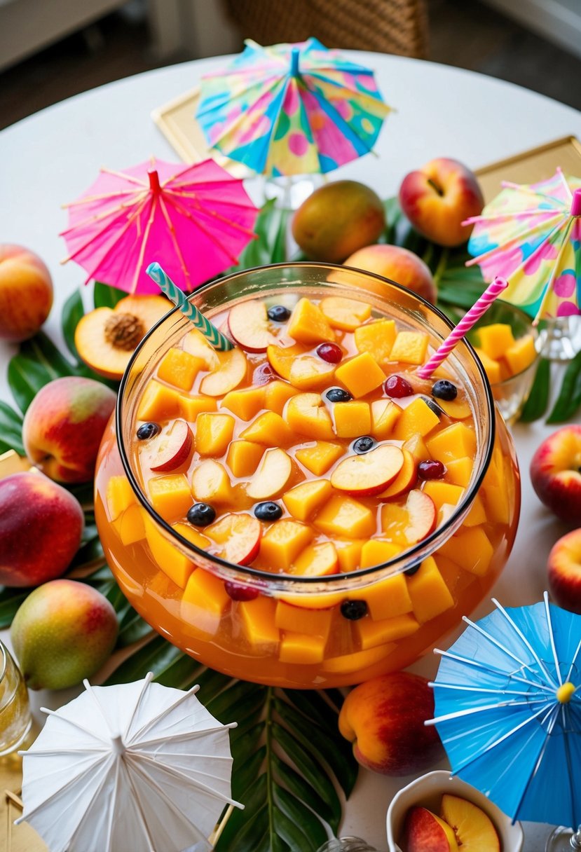 A festive table with a large bowl of fruity punch surrounded by fresh mangoes and peaches, colorful straws, and decorative drink umbrellas