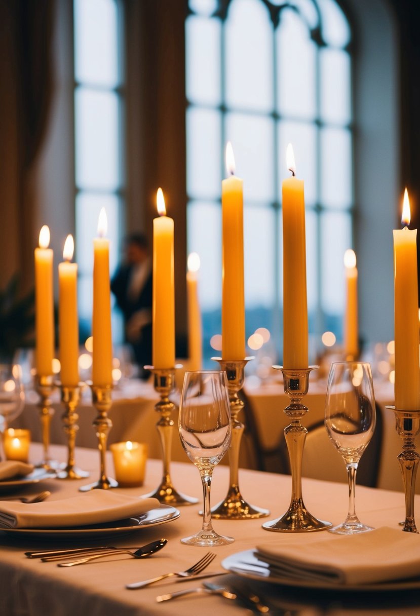 Sleek taper candles cast a warm glow on elegant tabletops, creating a romantic ambiance for a wedding celebration