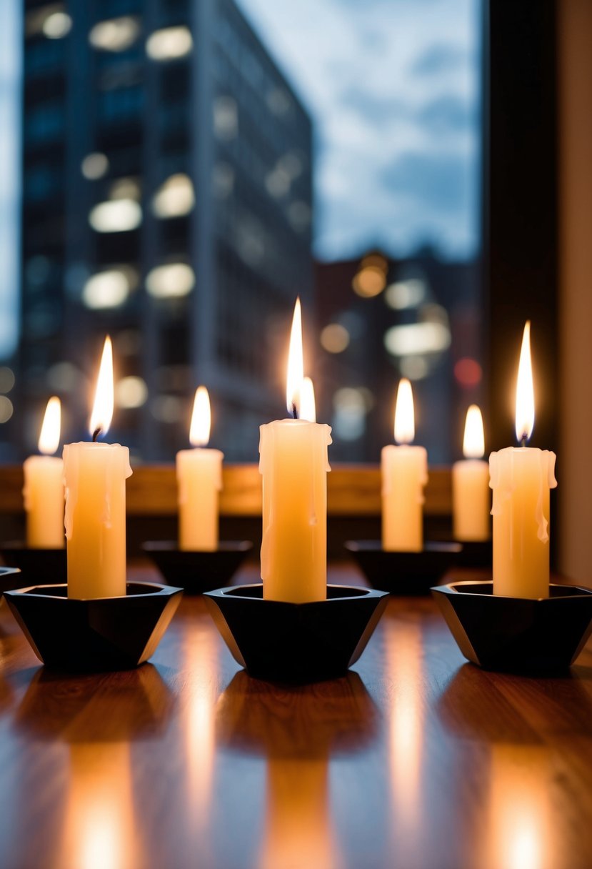 Geometric candle holders with lit candles arranged in modern pattern