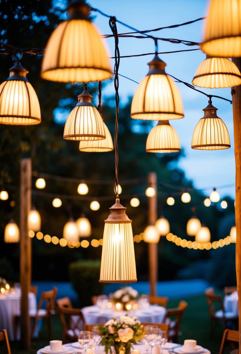 A cozy outdoor setting with hanging lamps illuminating a romantic wedding scene