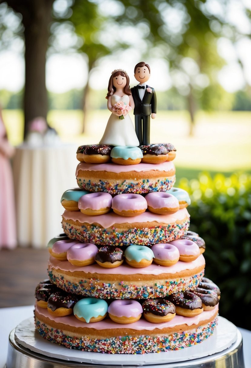 A tiered wedding cake made entirely of donuts, with colorful icing and sprinkles, topped with a miniature bride and groom donut couple