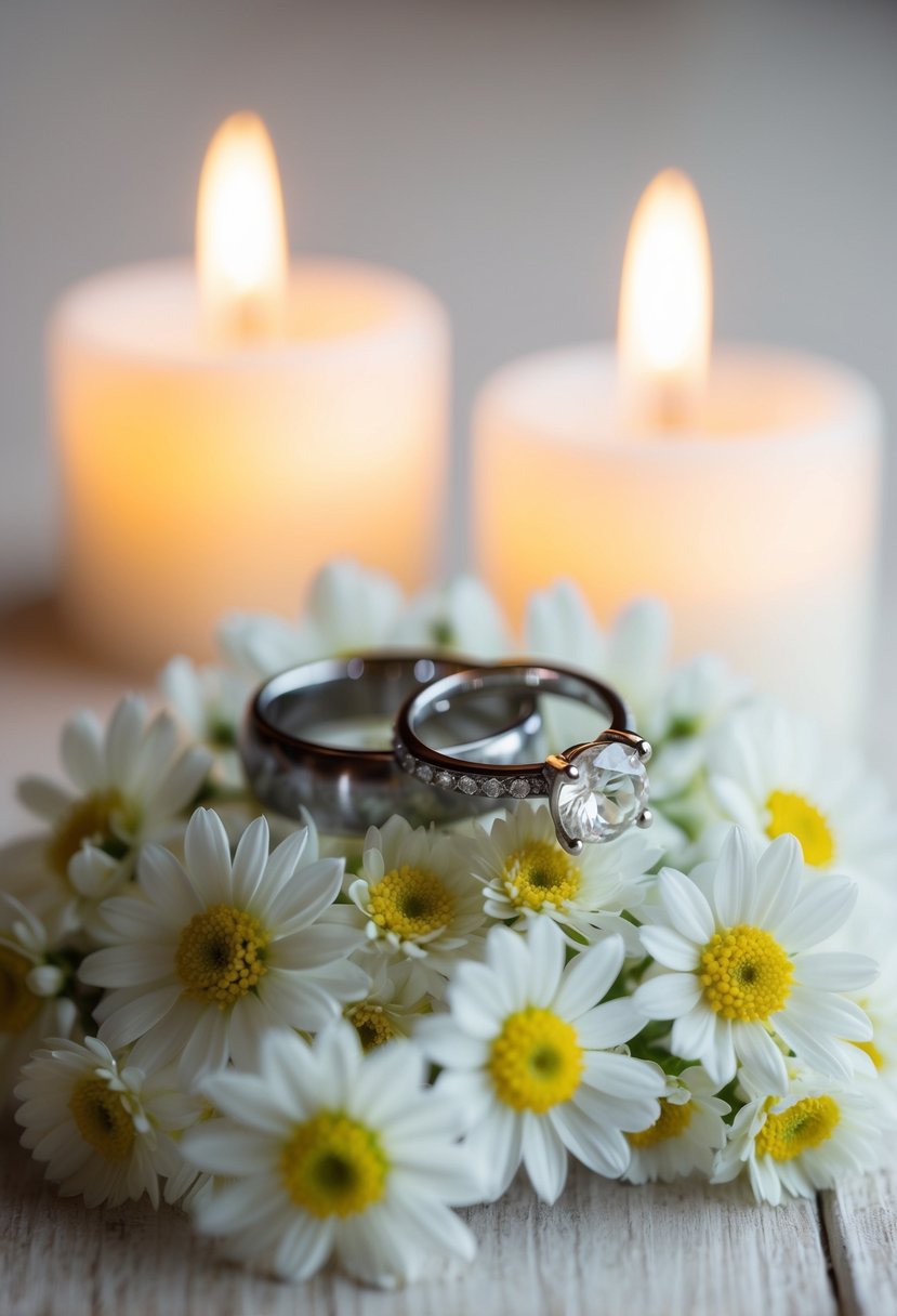 A pair of wedding rings resting on a bed of delicate white flowers, set against a backdrop of soft, romantic candlelight