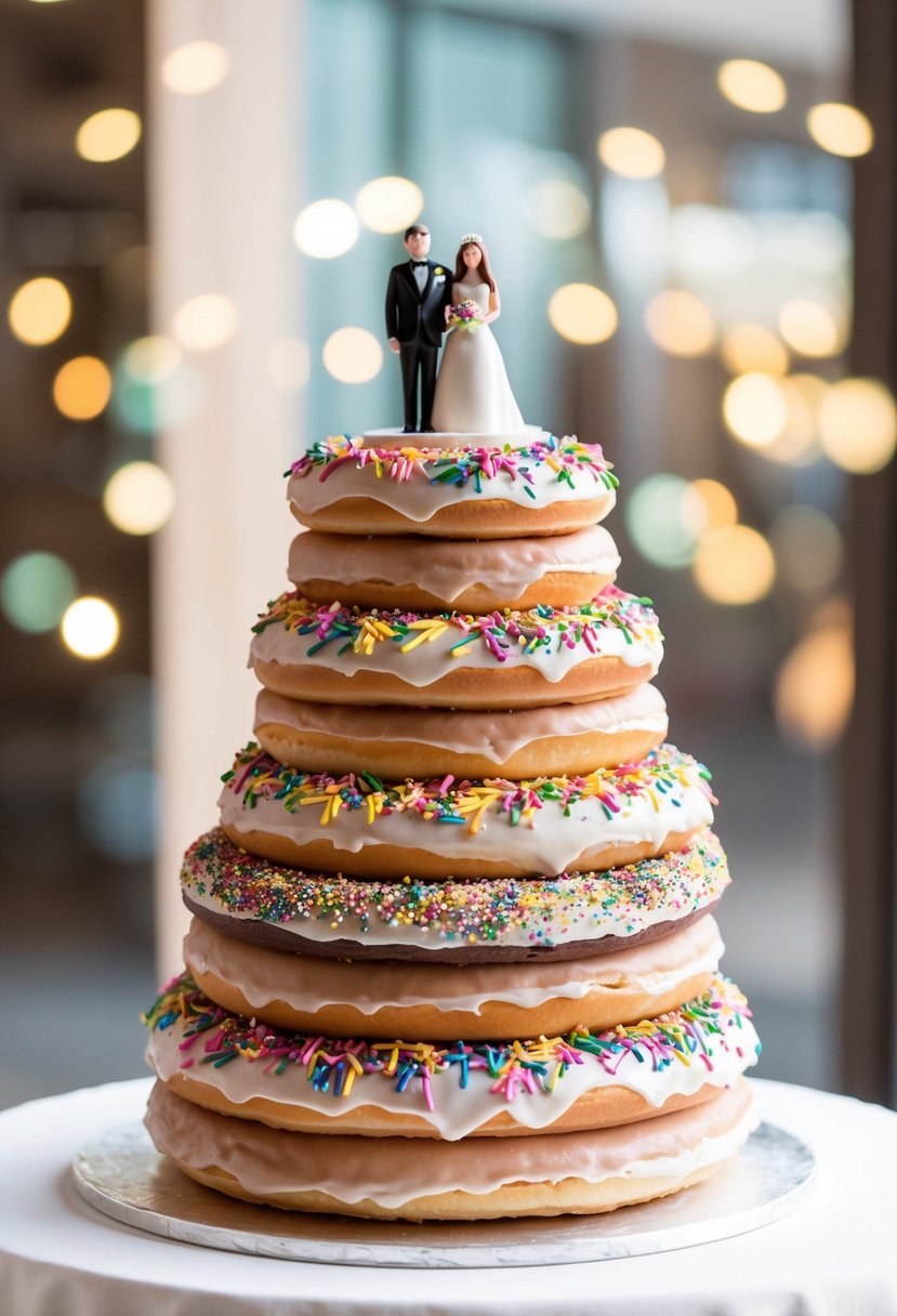 A towering wedding cake made entirely of stacked doughnuts, adorned with colorful icing and sprinkles, topped with a mini bride and groom figurine