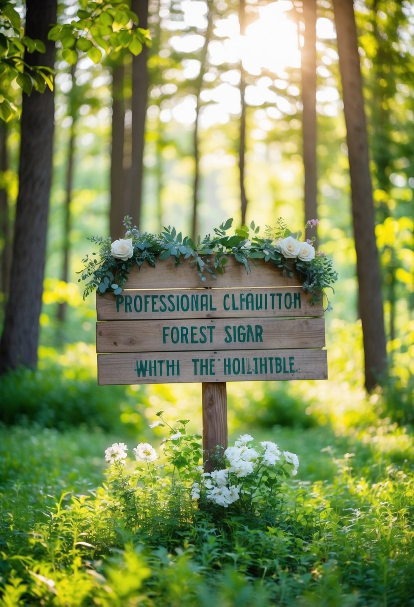 A serene forest clearing with a rustic wooden sign adorned with greenery and flowers, surrounded by trees and sunlight filtering through the leaves