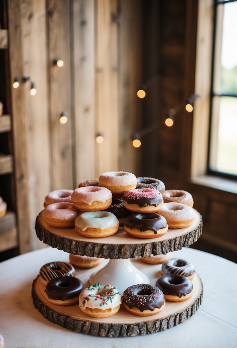 A charming rustic doughnut stand adorned with assorted donut wedding cake ideas