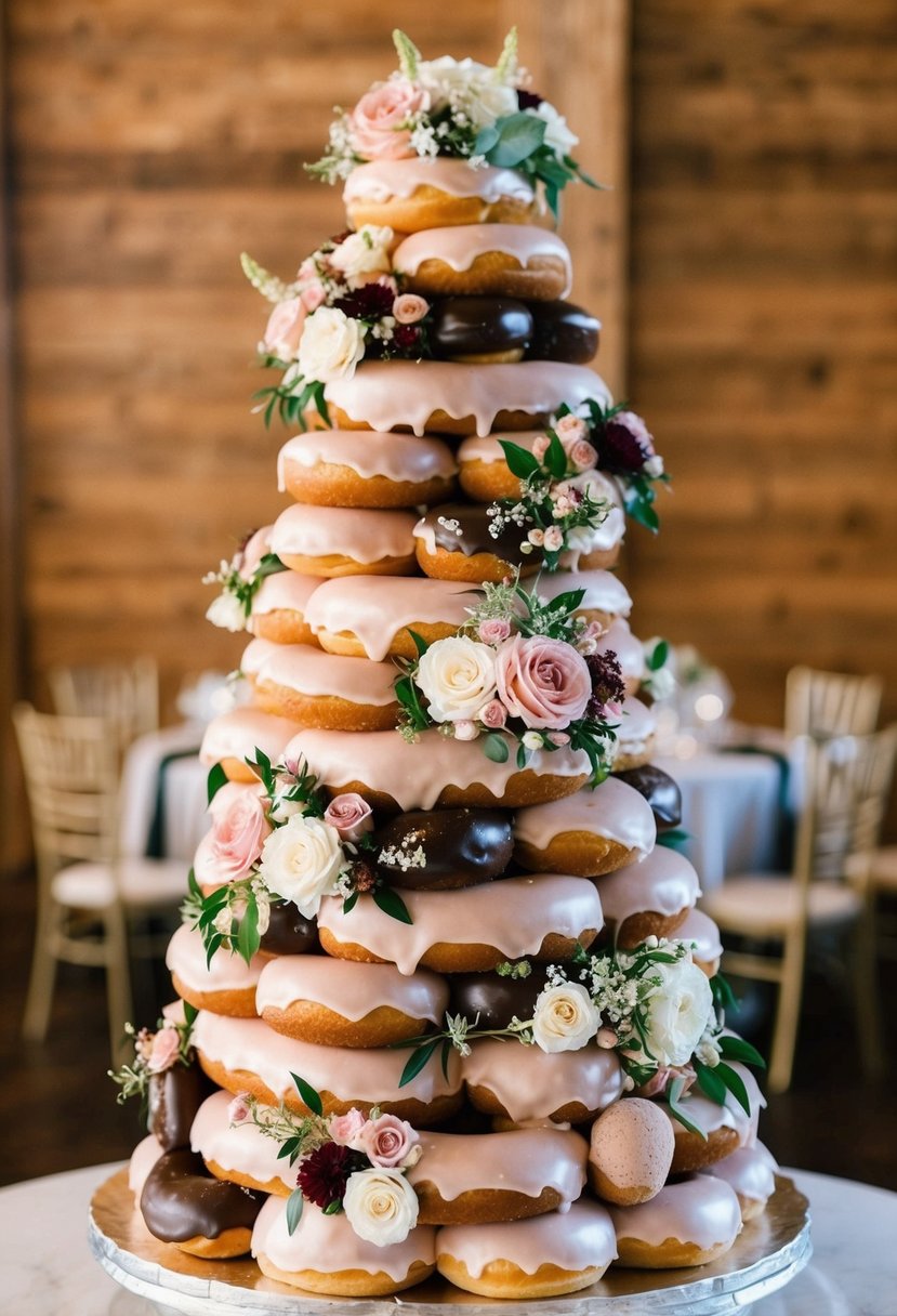 A towering wedding cake made of cascading floral doughnuts