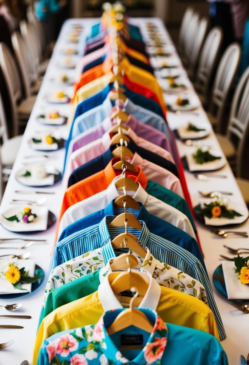 A festive array of colorful shirts with floral patterns and elegant designs, arranged on a table for a wedding party