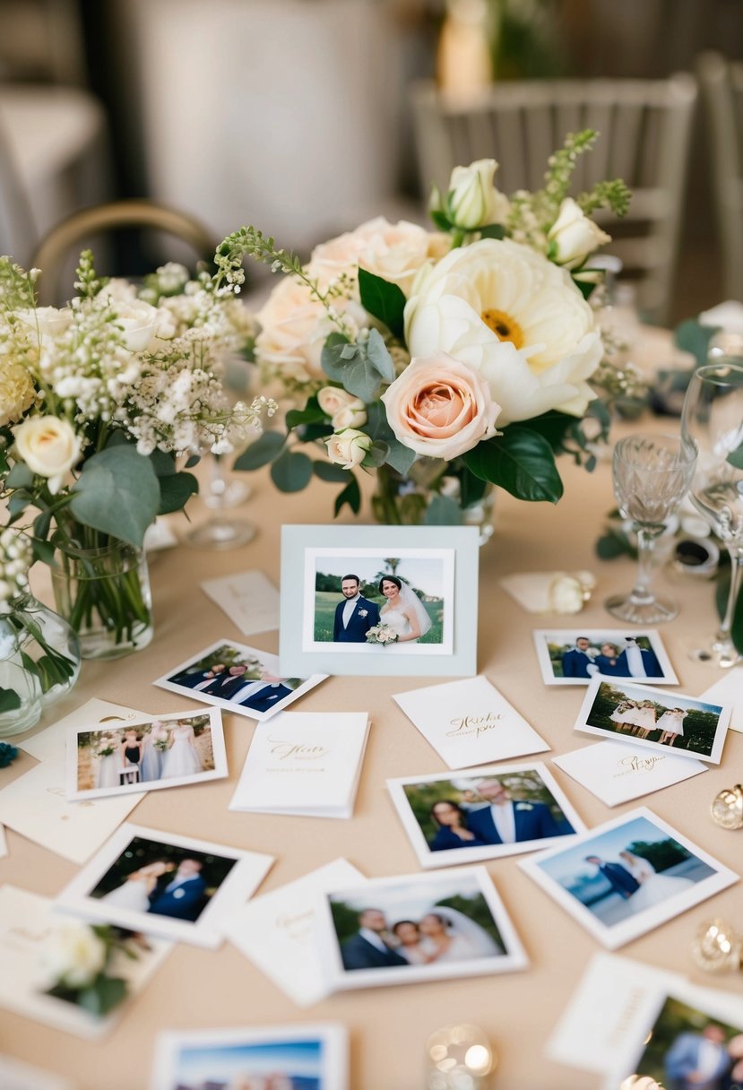 A table scattered with elegant photo cards, surrounded by delicate flowers and wedding memorabilia