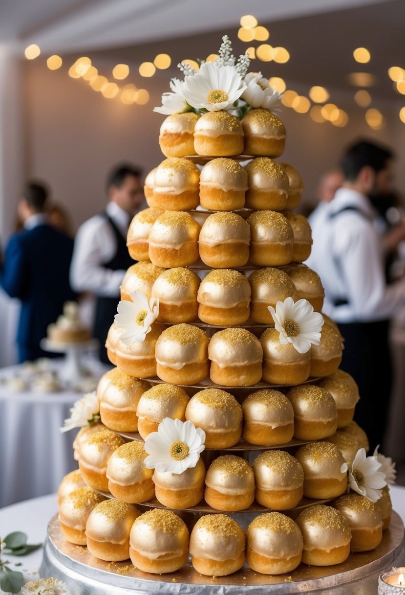 A tower of gold-dusted doughnuts arranged in a tiered wedding cake formation, adorned with edible flowers and glittering sugar decorations