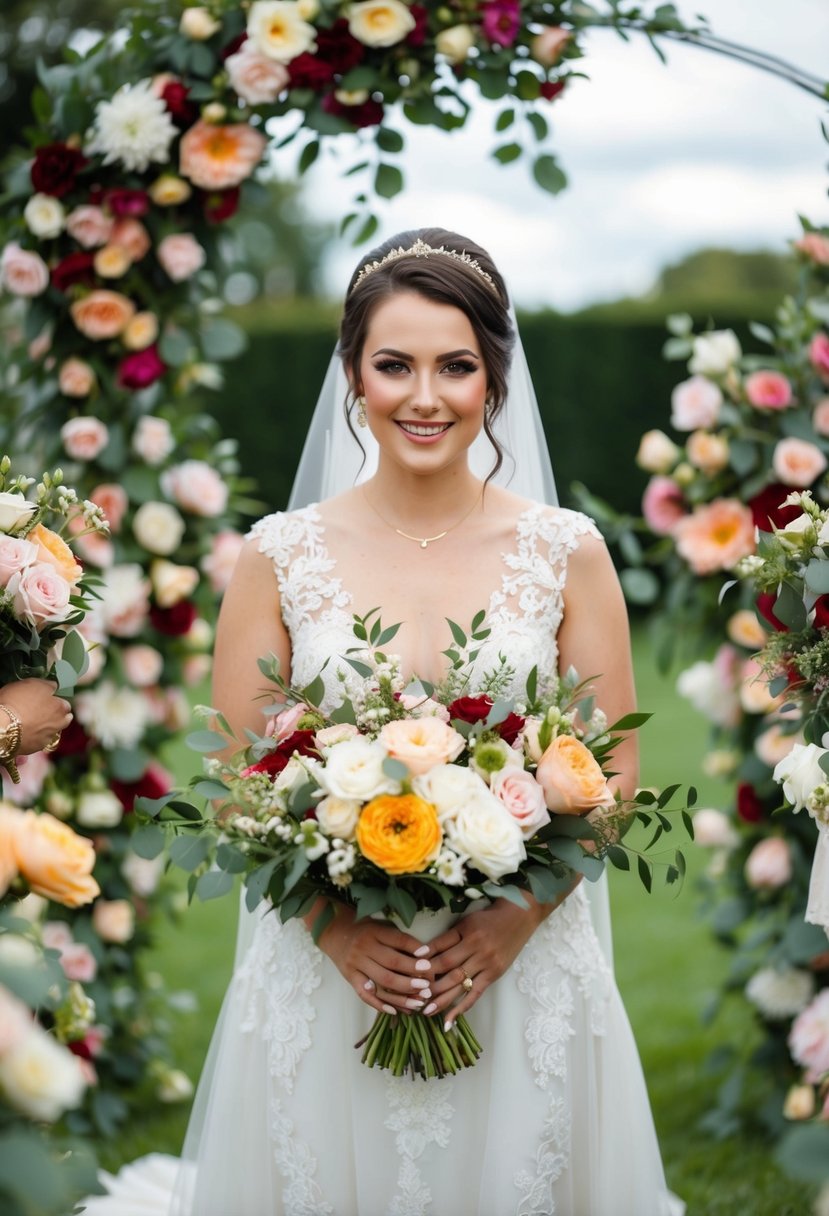 A bride surrounded by floral bouquets and wedding decor