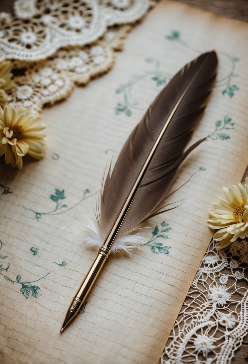 A quill pen gracefully writes on textured paper, surrounded by vintage floral motifs and delicate lace details