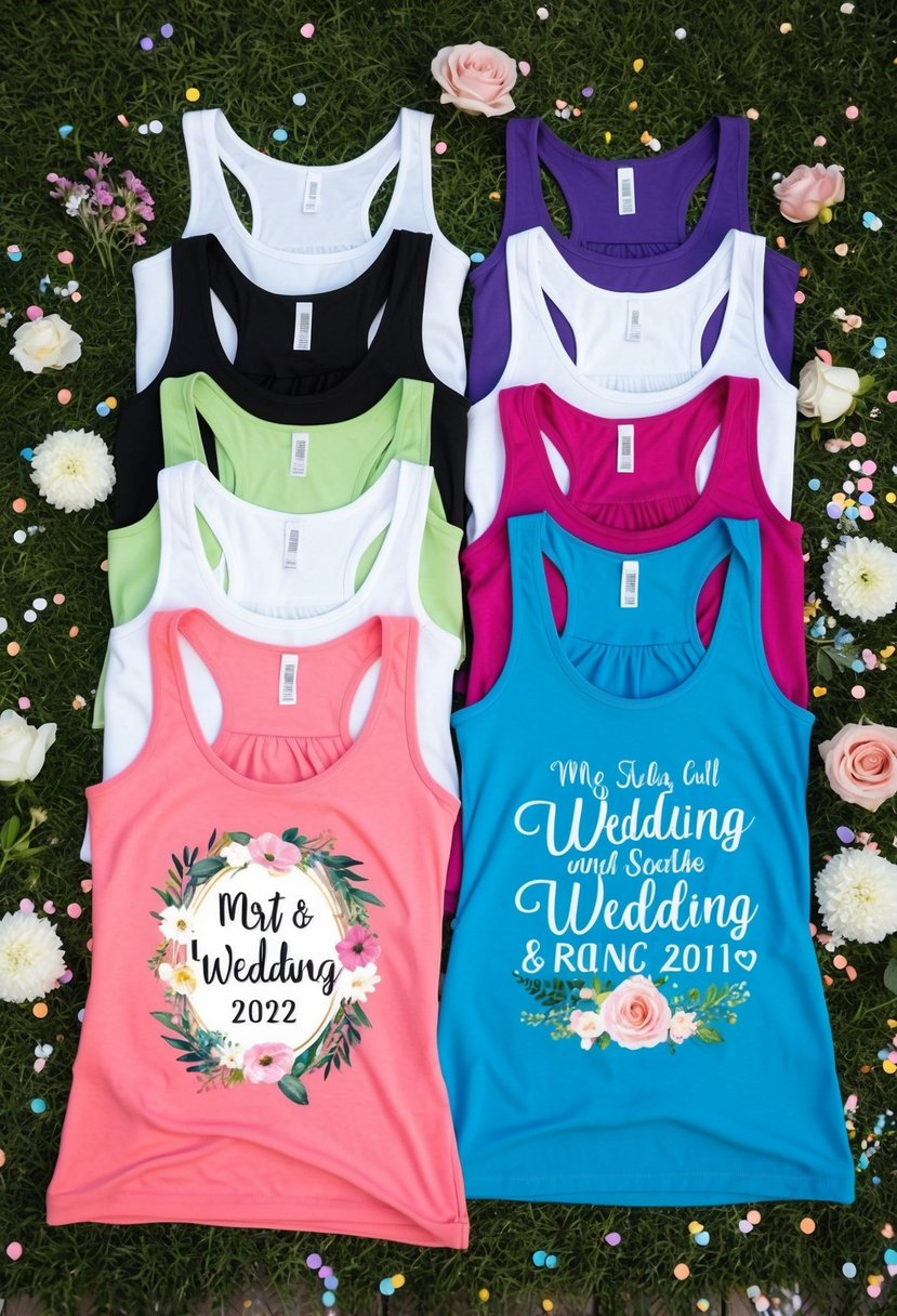 A group of colorful tank tops arranged in a row, each with a different wedding-related design, surrounded by flowers and confetti