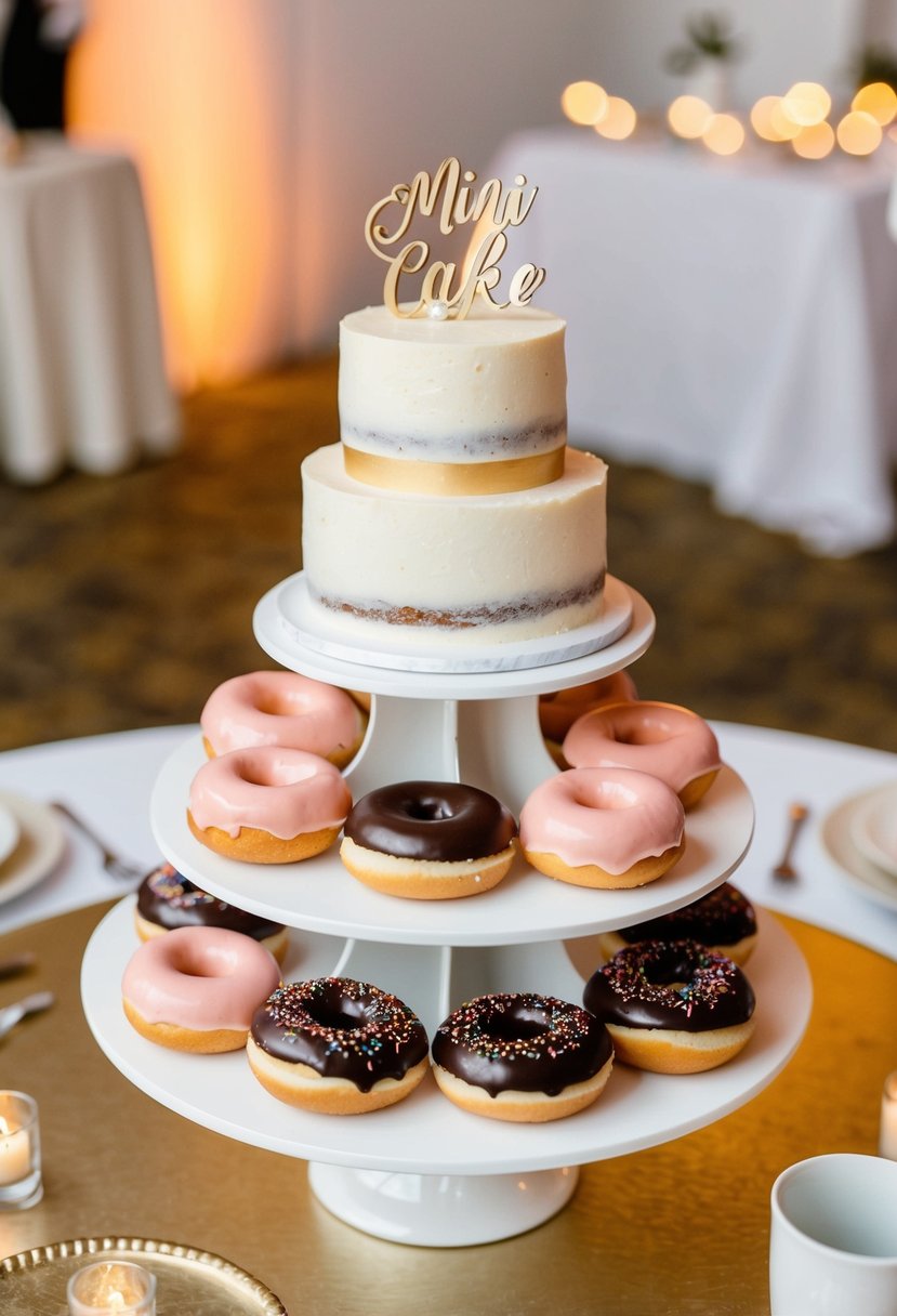 A mini cake and doughnut combo arranged on a tiered stand at a wedding reception