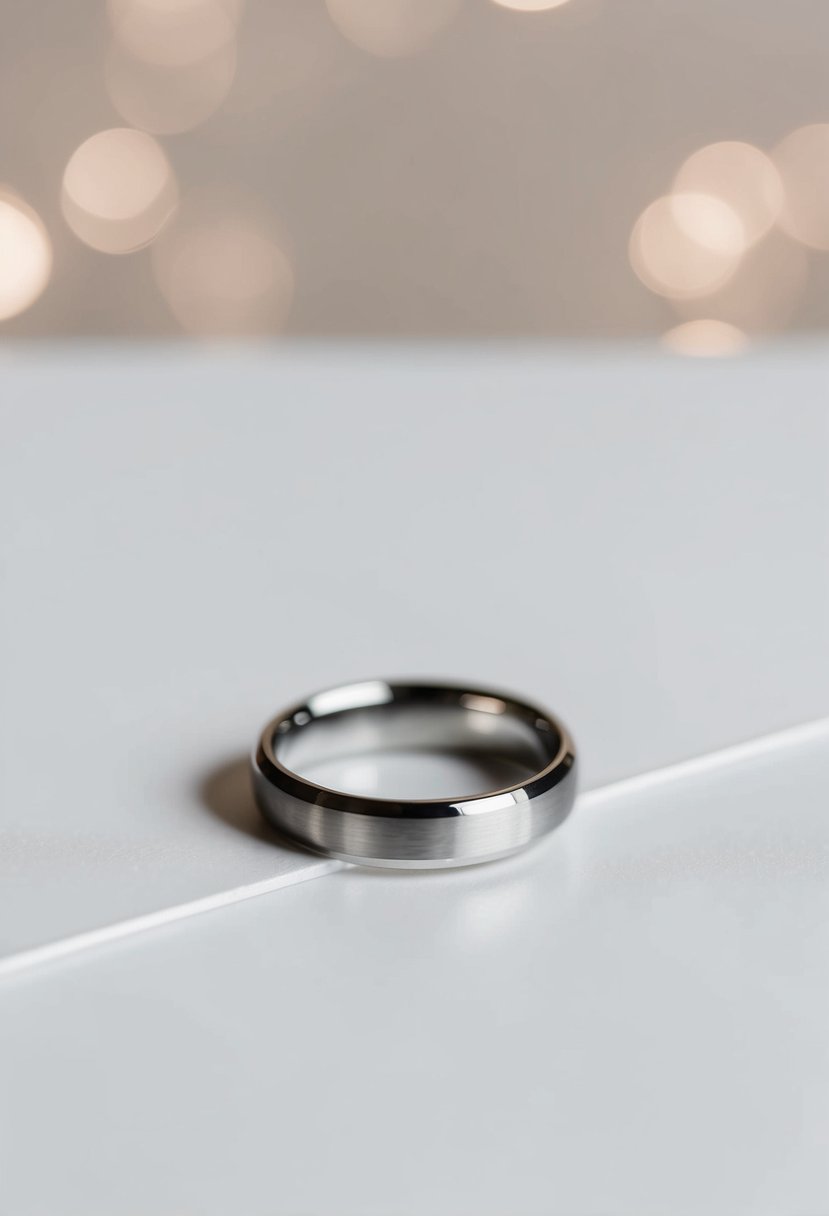 A sleek wedding ring on a simple backdrop with clean lines and minimalistic details