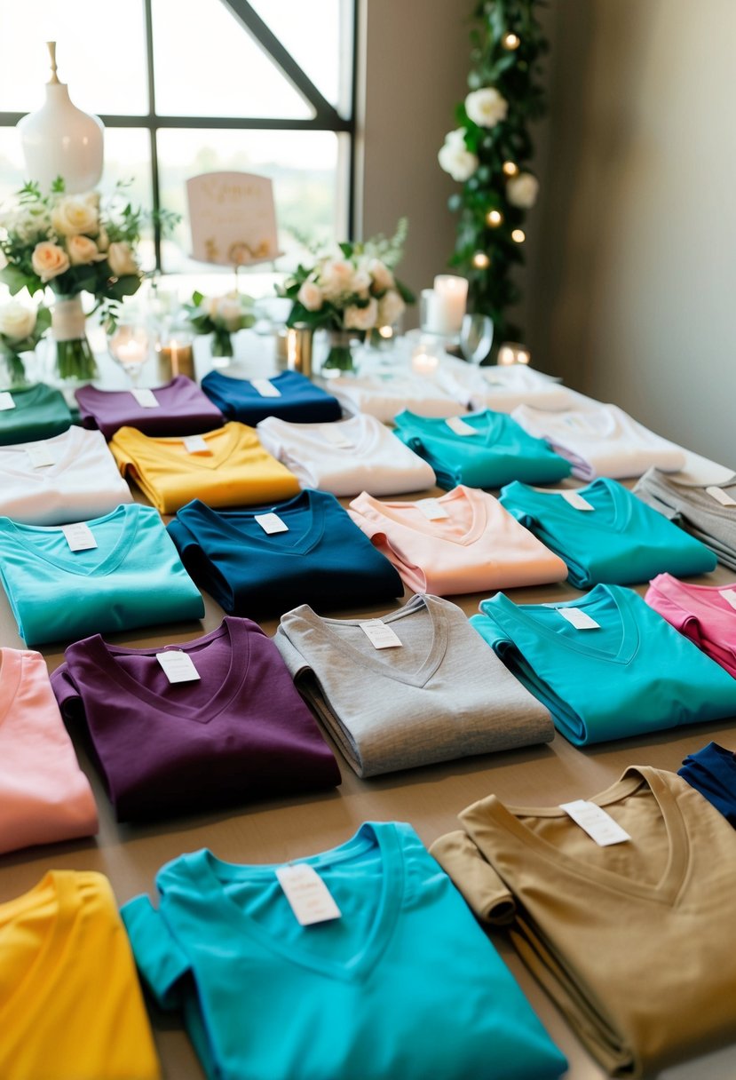 A group of V-neck shirts in various colors and designs arranged on a table, with wedding-themed decorations and accessories scattered around