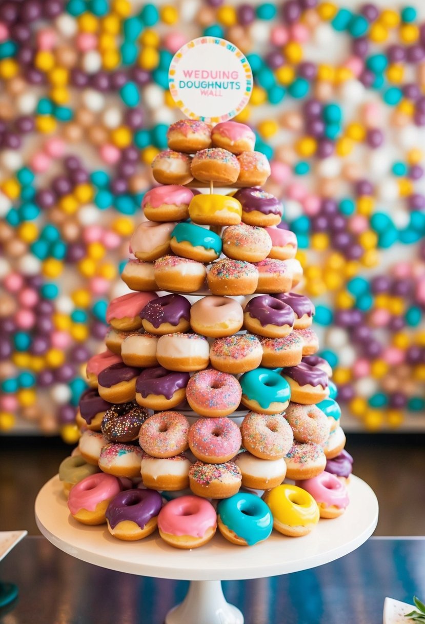 A whimsical doughnut wall adorned with colorful donuts arranged in a tiered formation, creating a unique and playful wedding cake display