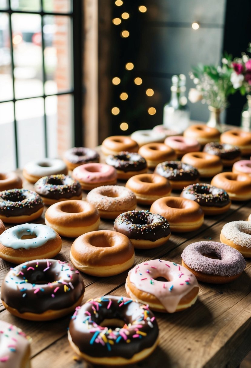 A rustic wooden table adorned with a variety of vintage-inspired doughnuts arranged in a visually appealing display