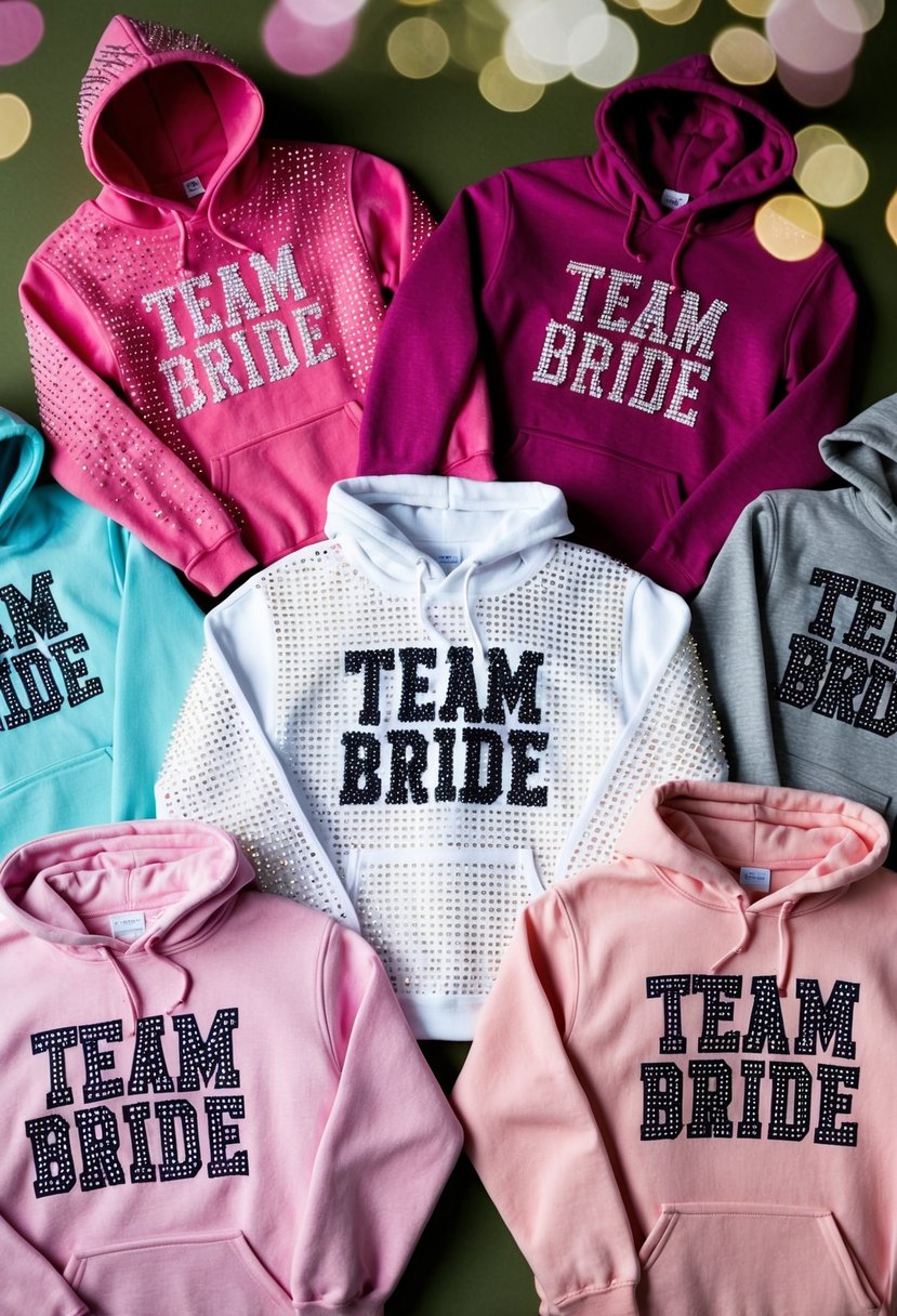 A group of rhinestone-studded hoodies in various shades of pink and white, with "Team Bride" emblazoned on the front, arranged in a playful and celebratory manner