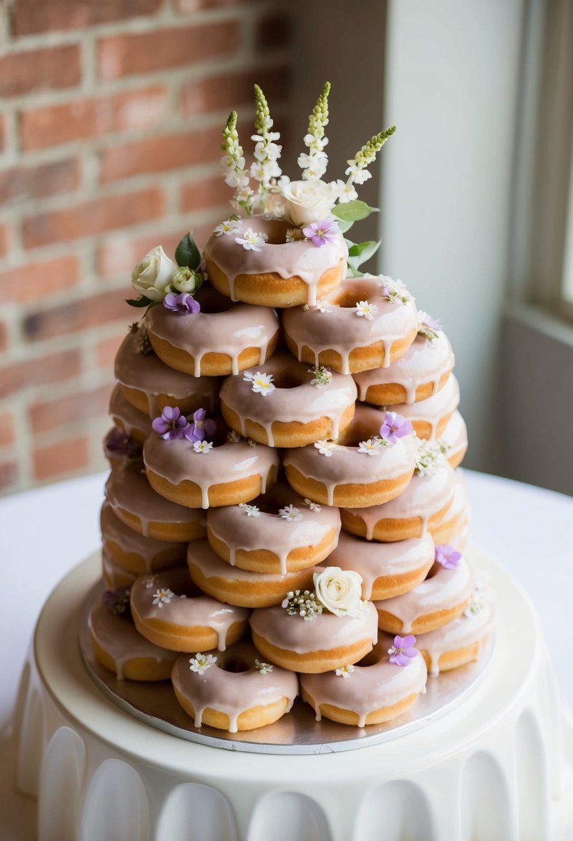 A tiered wedding cake made of classic glazed donuts, elegantly stacked and decorated with delicate icing and edible flowers