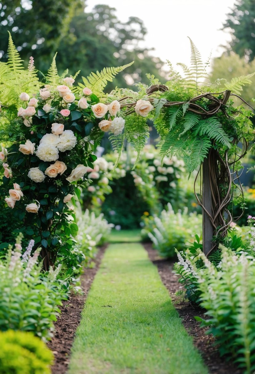 A lush garden with blooming flowers, delicate ferns, and winding vines, creating a romantic and natural backdrop for a wedding announcement