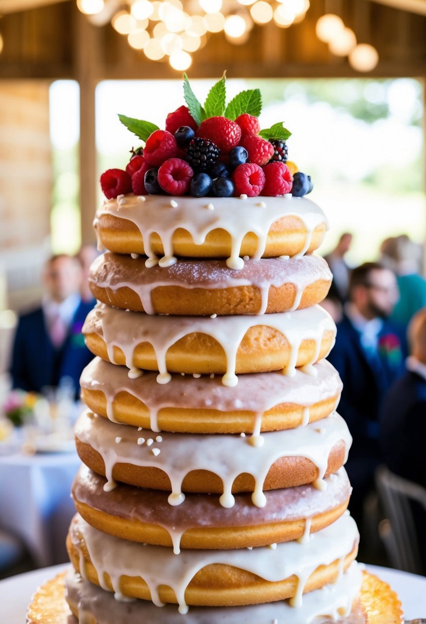 A towering wedding cake made entirely of stacked doughnuts, topped with a colorful array of fresh berries and drizzled with glaze