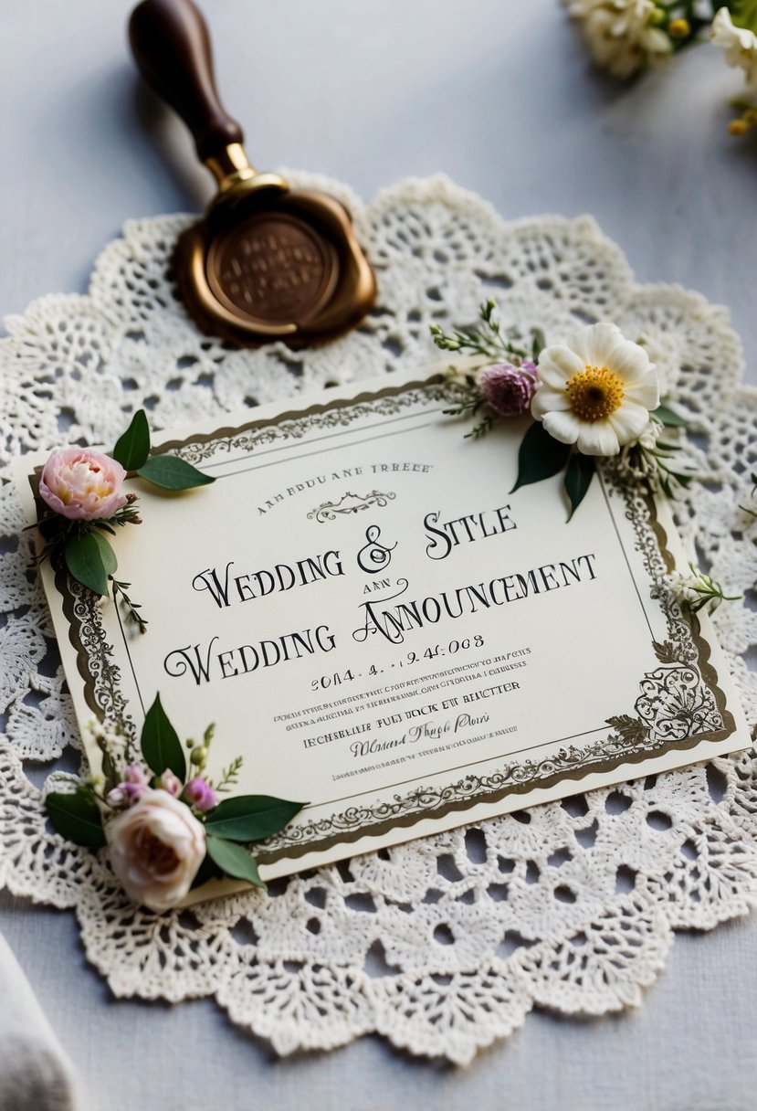 An ornate, vintage-style wedding announcement displayed on a lace doily with delicate floral accents and a wax seal