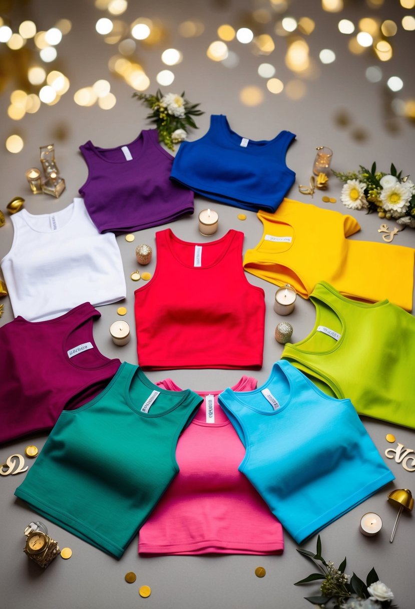 A group of colorful crop top shirts arranged in a playful and festive manner, with wedding-themed decorations and accessories scattered around