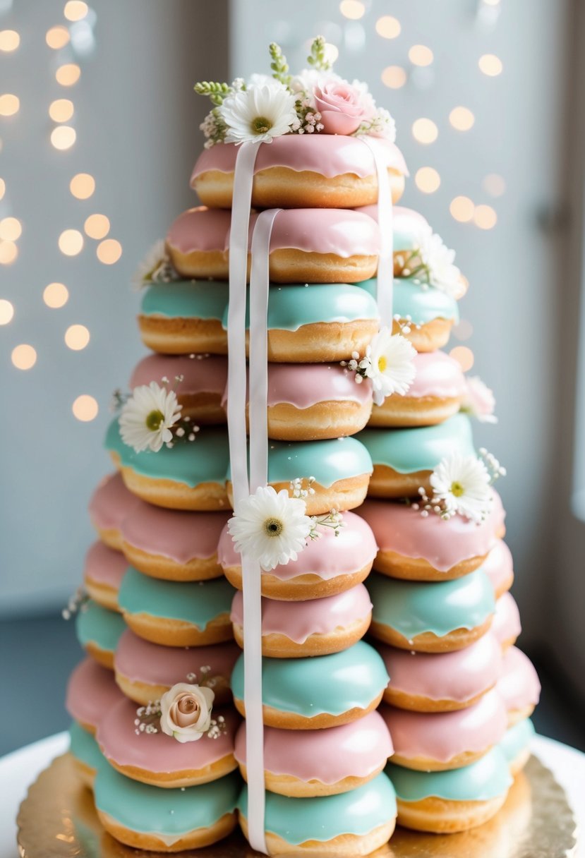 A tall stack of pastel-colored doughnuts, adorned with delicate flowers and ribbons, arranged in a wedding cake-like formation