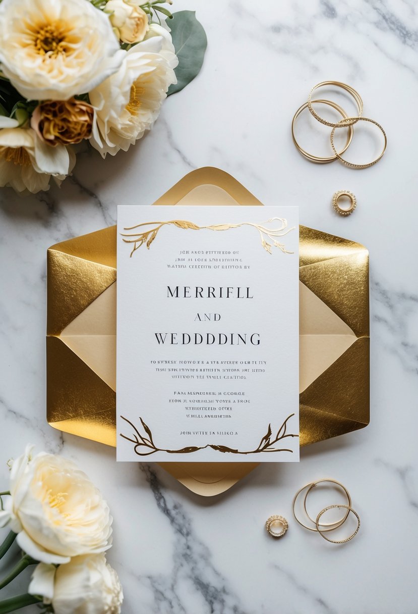 A wedding invitation with gold foil accents on a marble background