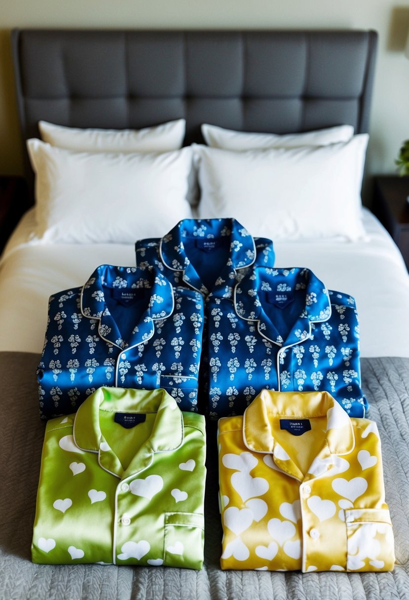 A group of matching pajama sets with wedding-themed patterns laid out on a bed