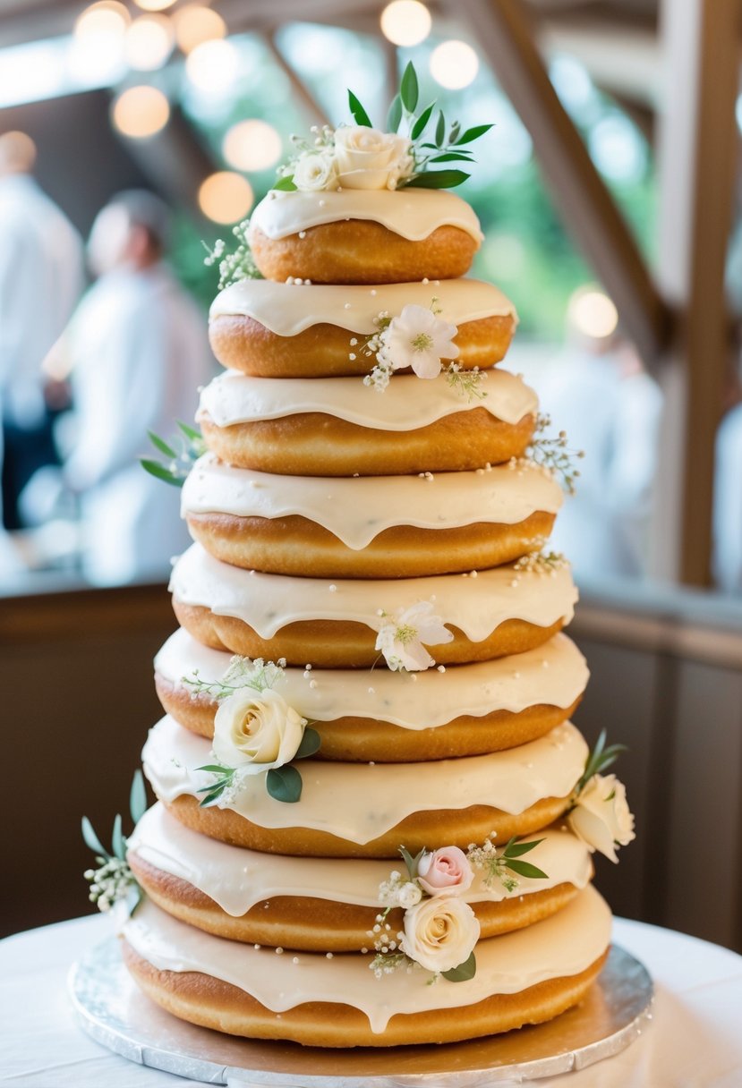 A towering wedding cake made of stacked buttercream-frosted doughnuts, adorned with delicate floral decorations