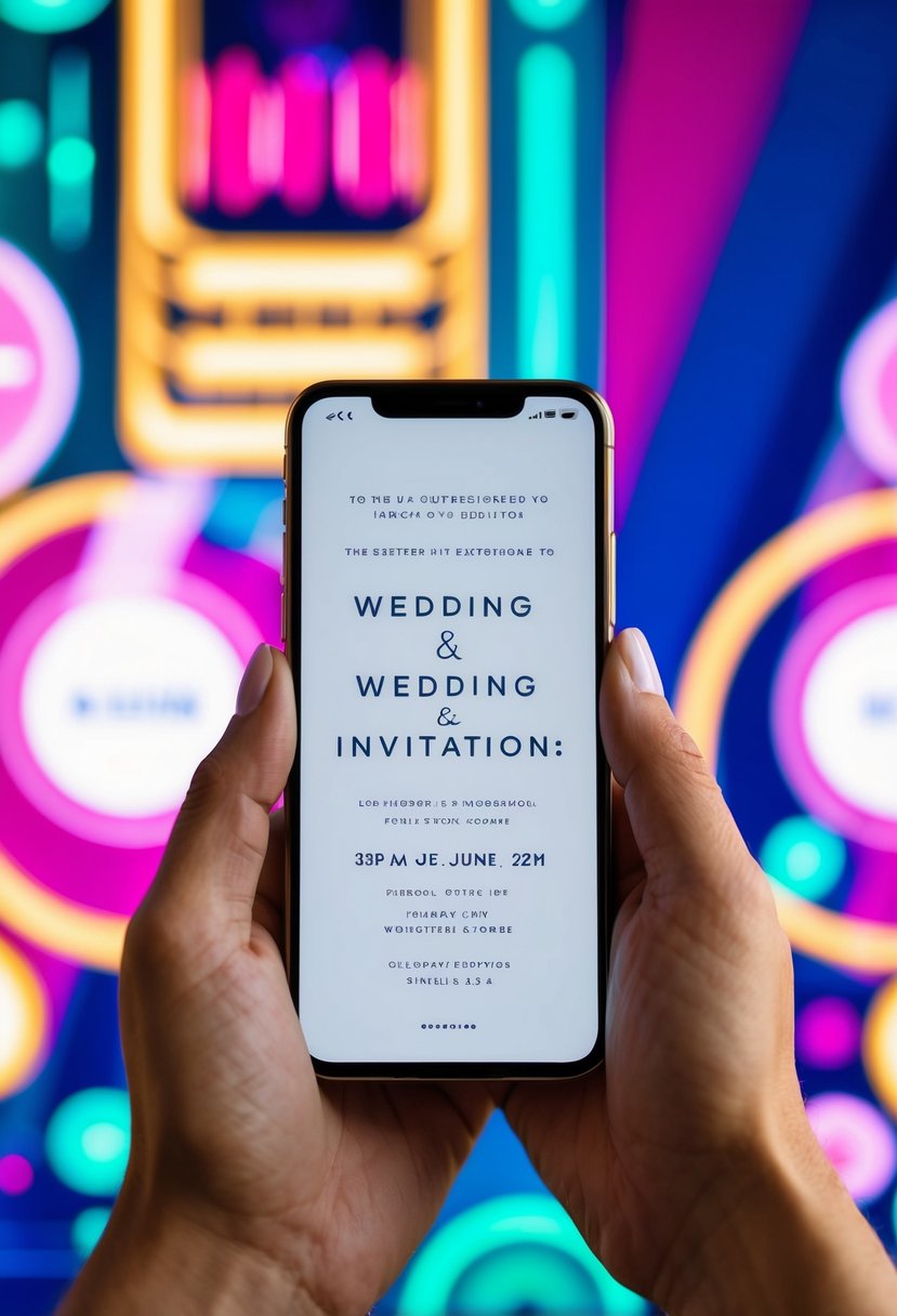 A sleek smartphone displaying a modern digital wedding invitation on a vibrant background with tech-inspired elements