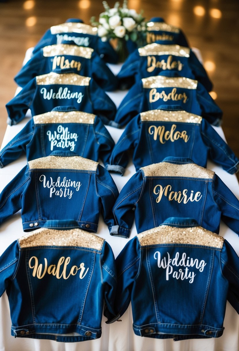 A group of personalized denim jackets arranged on a table, each adorned with unique wedding party designs