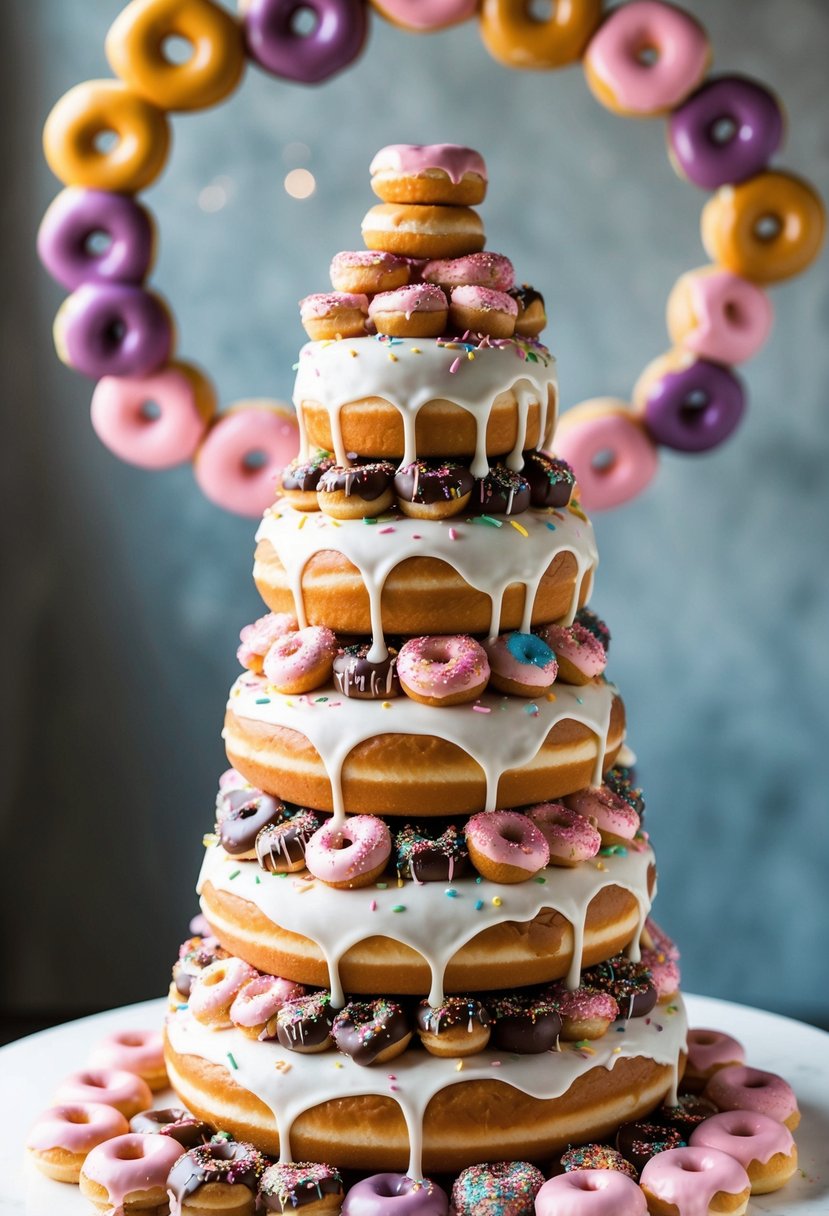 A towering wedding cake made entirely of donuts, topped with dripping glaze and colorful sprinkles, surrounded by a halo of smaller donuts