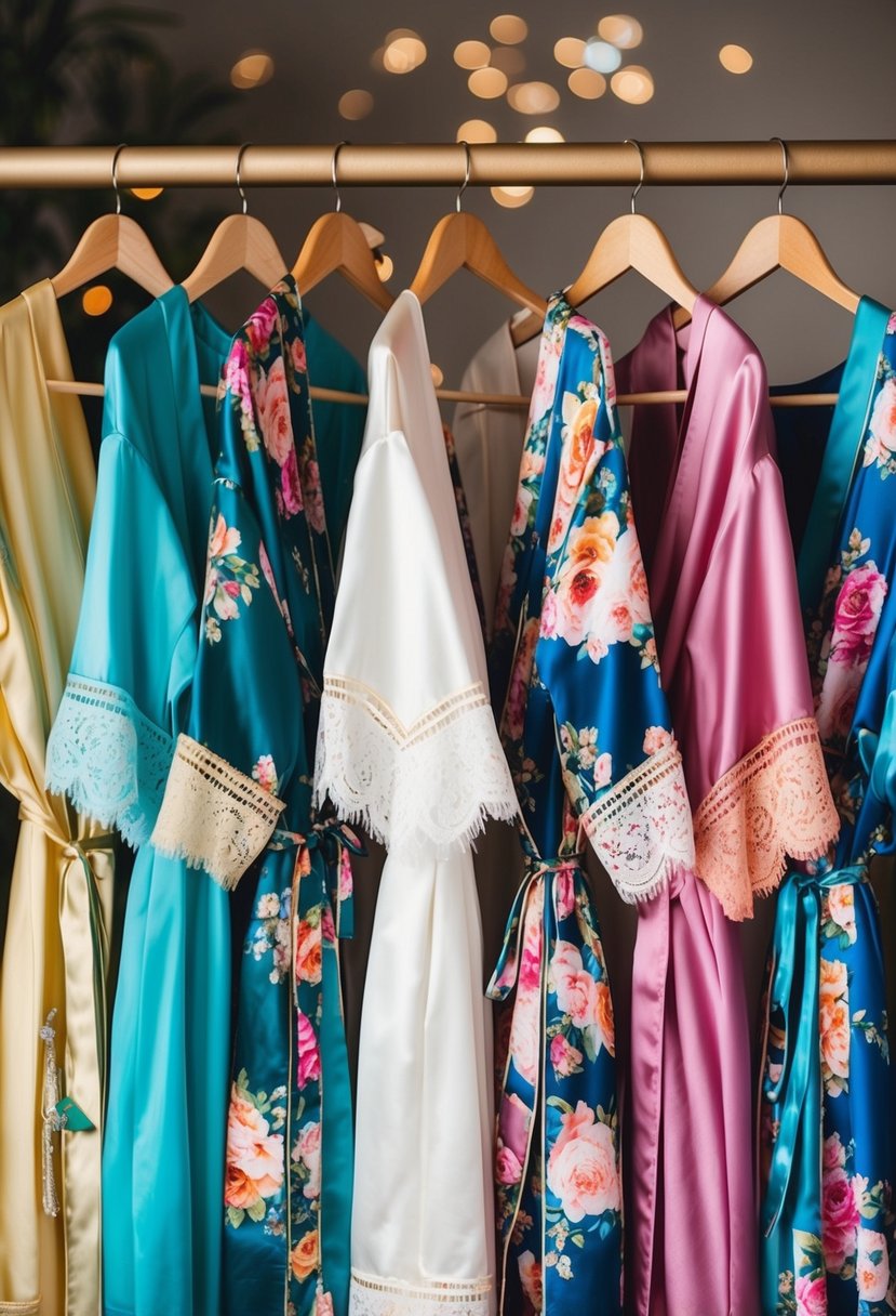 A collection of colorful floral bridesmaid robes arranged on hangers, with delicate lace details and flowing fabric