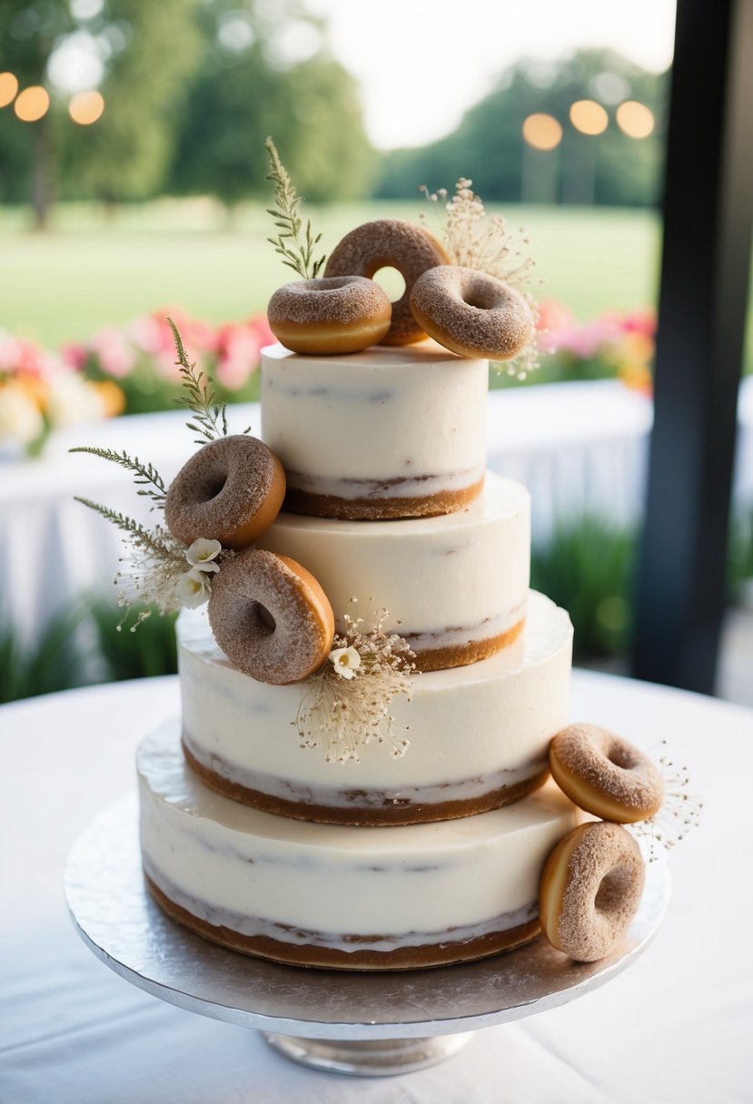 A tiered wedding cake adorned with ethereal dried flower doughnuts